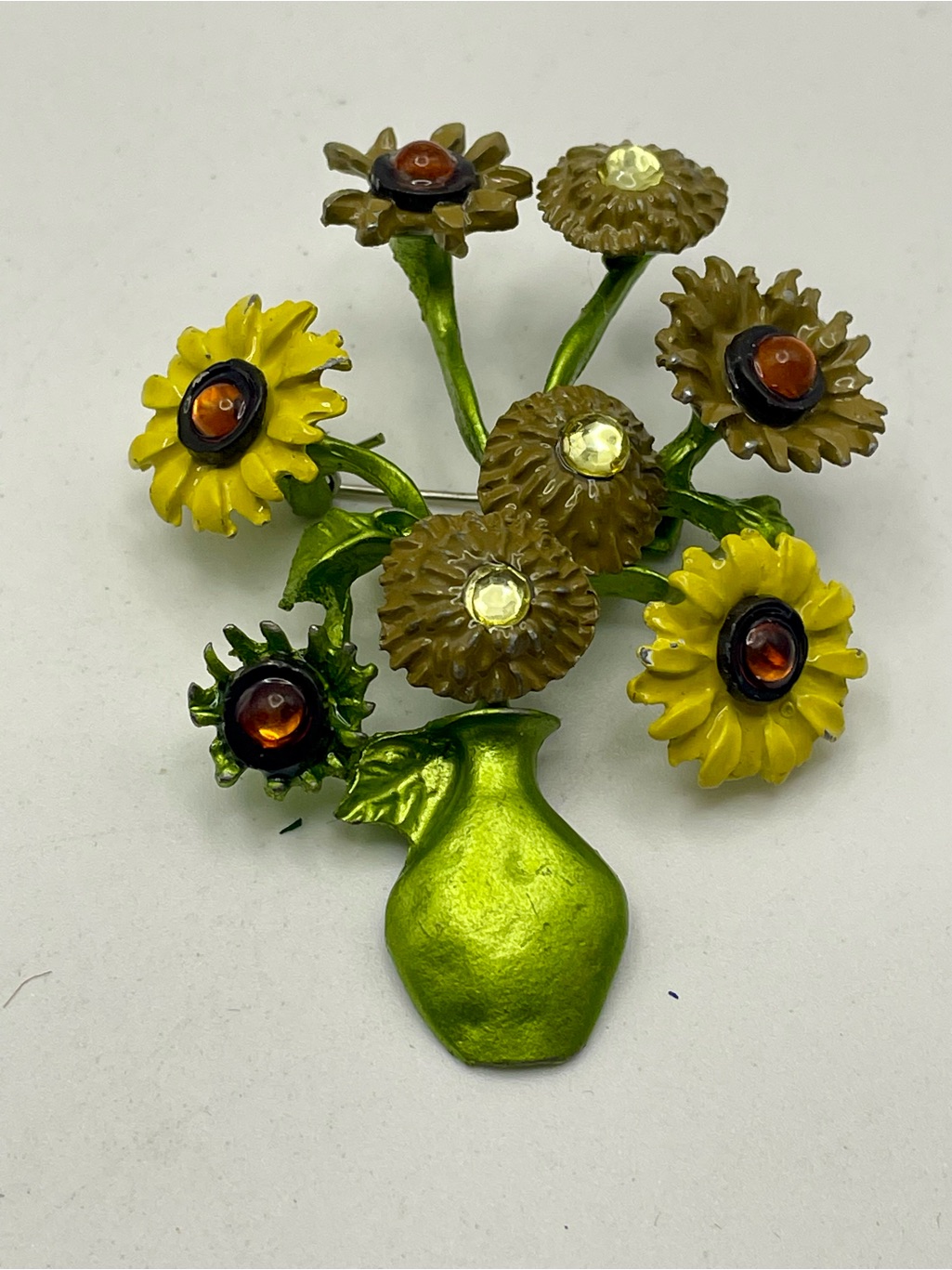Vintage-Inspired Sunflower Vase Brooch In Yellow And Green With Rhinestones